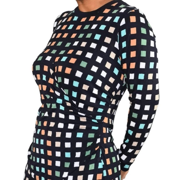 Boss Hugo Boss Esetta Ruched Dress Small Geometric Square Print Midi Long Sleeve - Picture 3 of 12